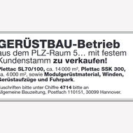 GERÜSTBAU-Betrieb aus dem PLZ-Raum 5.... mit festem Kundenstamm zu verkaufen